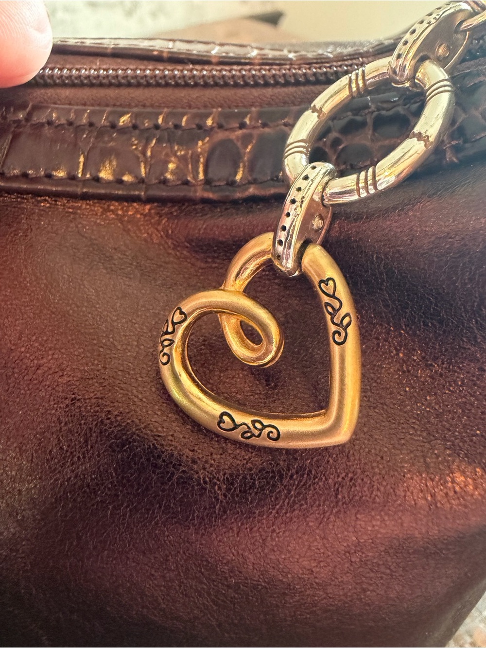 Brighton Bronze Leather Zip Top Croc Trim Hobo Bag with Heart Charms EUC - Picture 7 of 10